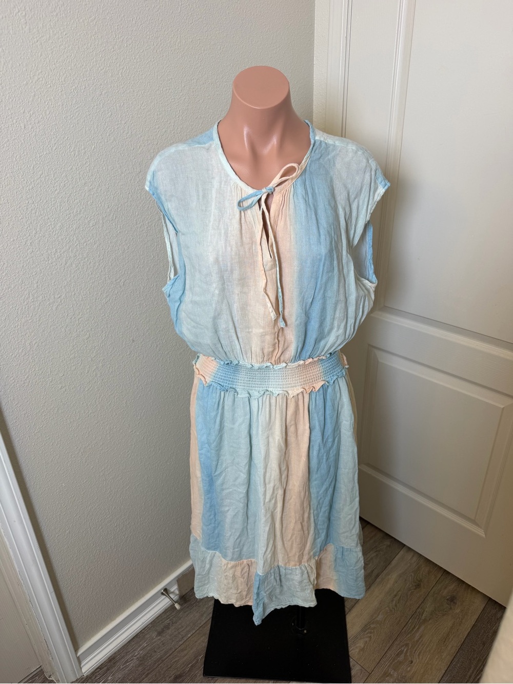 Rails Blue and Cream Colorblock Tie-Neck Midi Dress